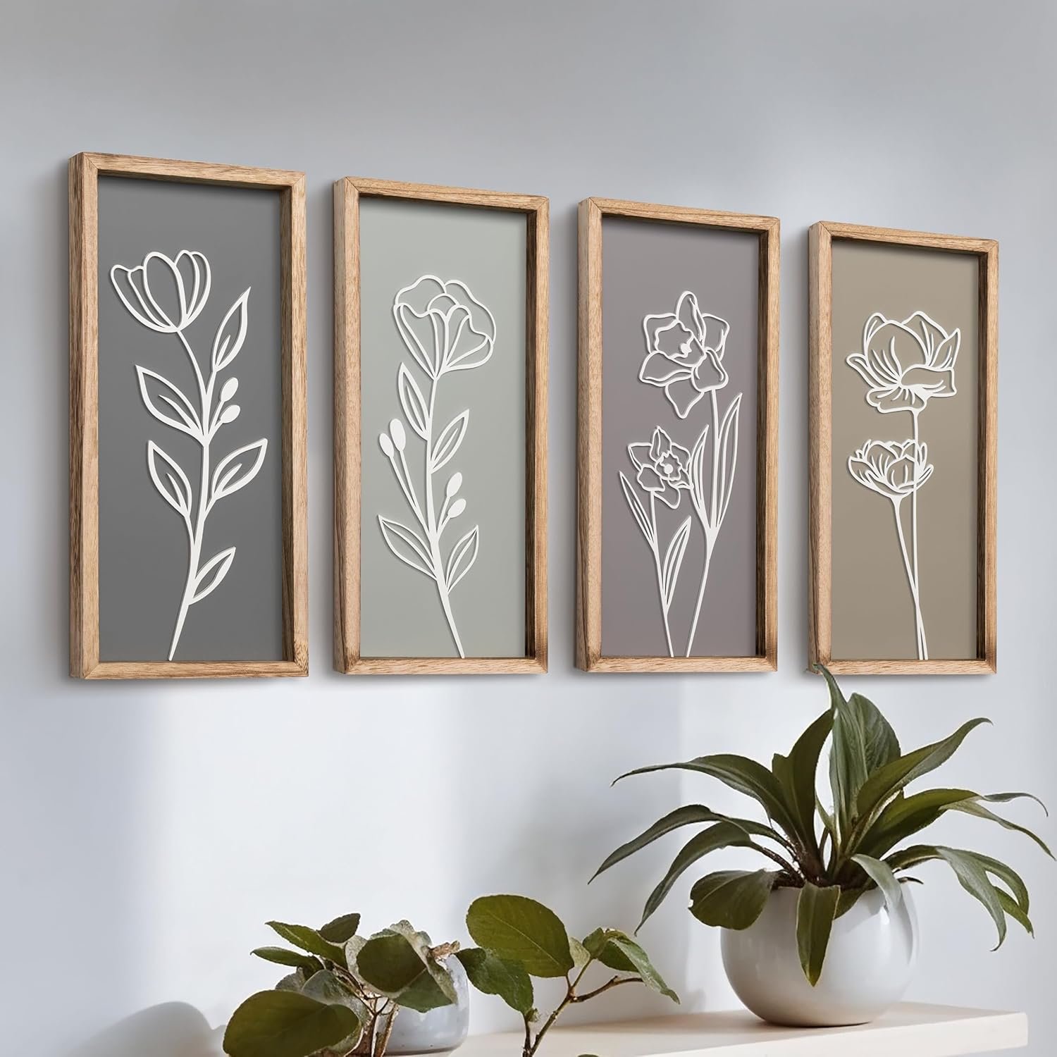 3D Wooden Floral Bathroom Wall Decor (Set of 4) Lightweight, Ready-to-Hang Framed Wall Art