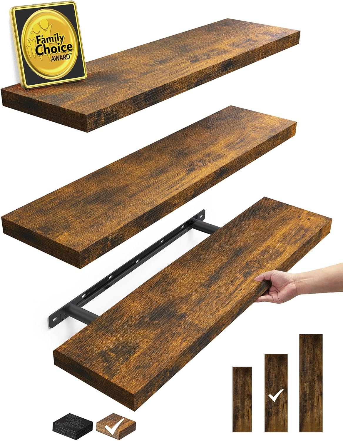 BAYKA Floating Shelves for Wall, 22.5 Inch Rustic Wood Wall Mounted Shelving for Bathroom, Bedroom, Living Room, Kitchen & Book, Hanging Display Decor Shelf with 22 lbs (Rustic Brown,Set of 3)