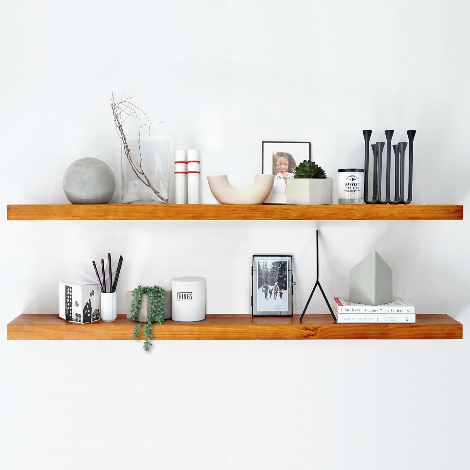 Homeforia Floating 60 inch Oak Shelves, High End Solid Real Wood 60inch Floating Shelf for Wall Mounted, Honey Oak Wooden 60in Large Floating Shelves, Heavy Duty Bracket, 60 X 6.5 X 1.75 in, Set of 2