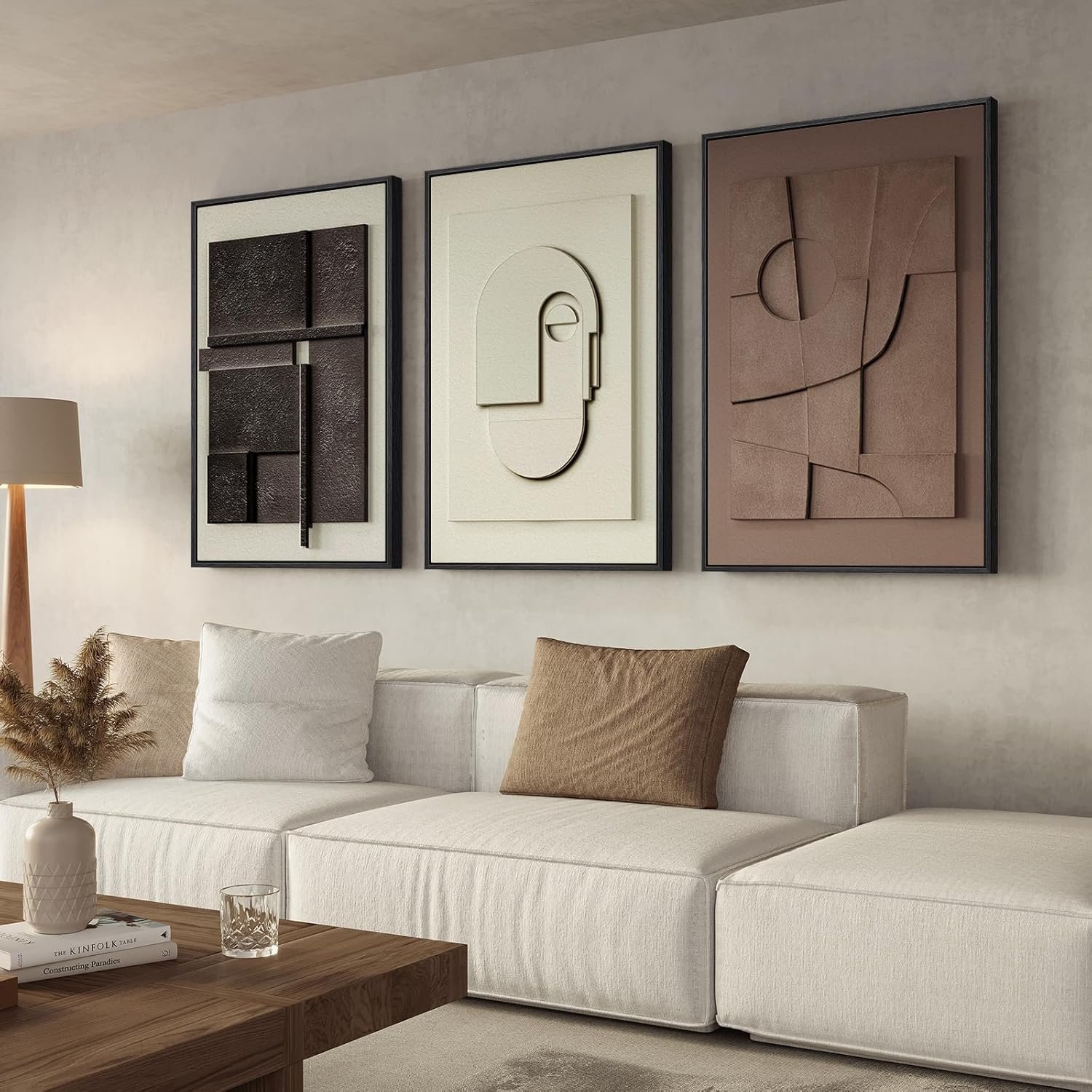 Large 3D Textured Framed Abstract Wall Art for Living Room, 3 Piece Modern Paintings Artwork