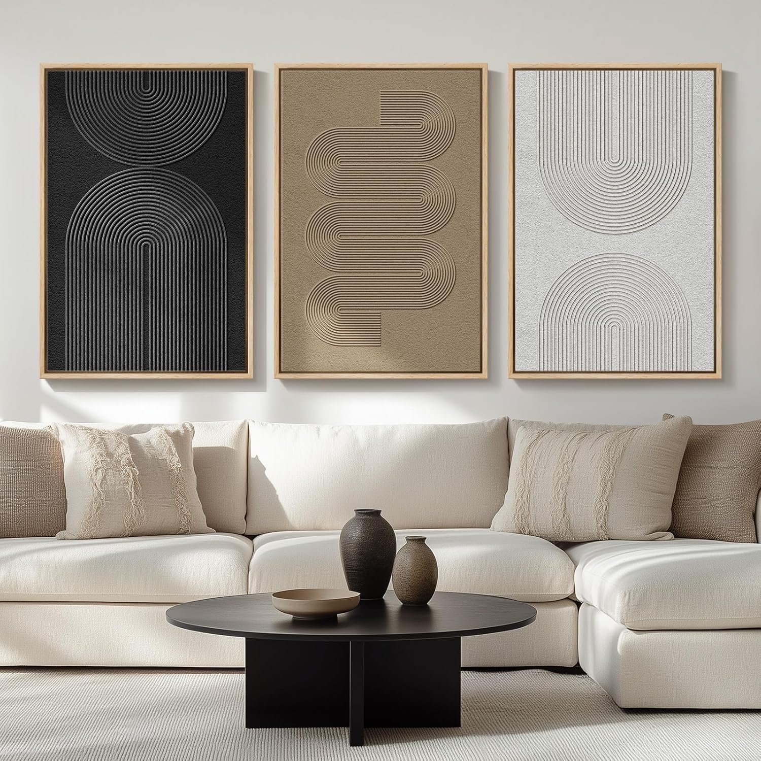 Large Framed Black and White Neutral Abstract Wall Art for Living Room, 3 Piece Boho Canvas Prints