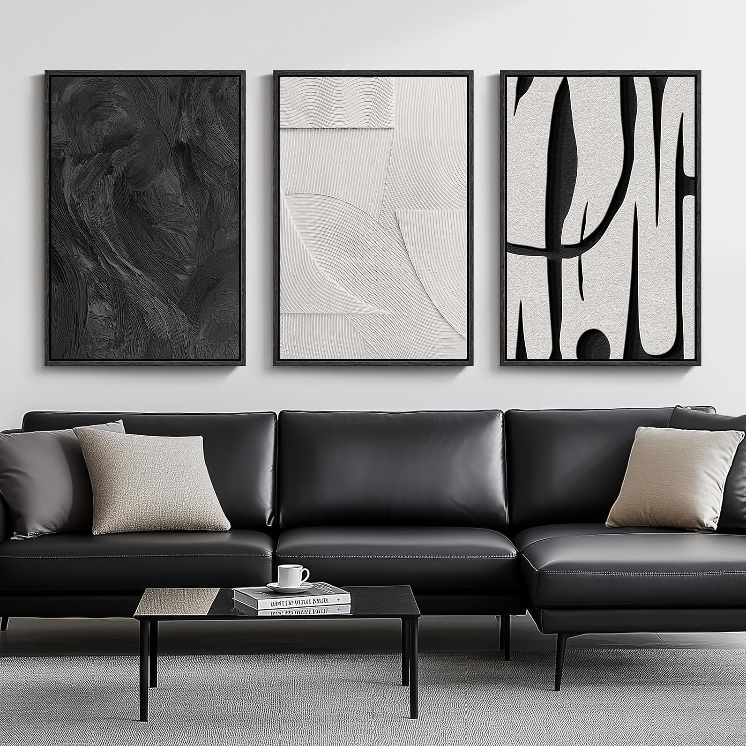 Large Framed Black and White Abstract Wall Art for Living Room, 3 Piece Big Modern Canvas Prints