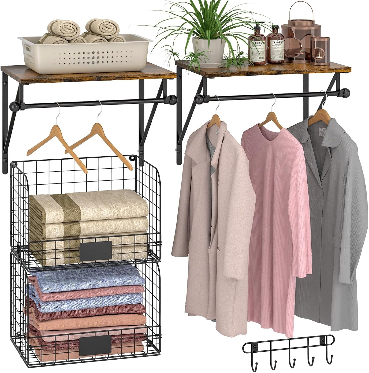 Laundry Room Shelves Wall Mounted with Wire Baskets, Over the Washer and Dryer Shelf with Clothes Drying Rack, Wire Shelves Baskets for Laundry Closet Organization and Storage, Wood+Metal, Black
