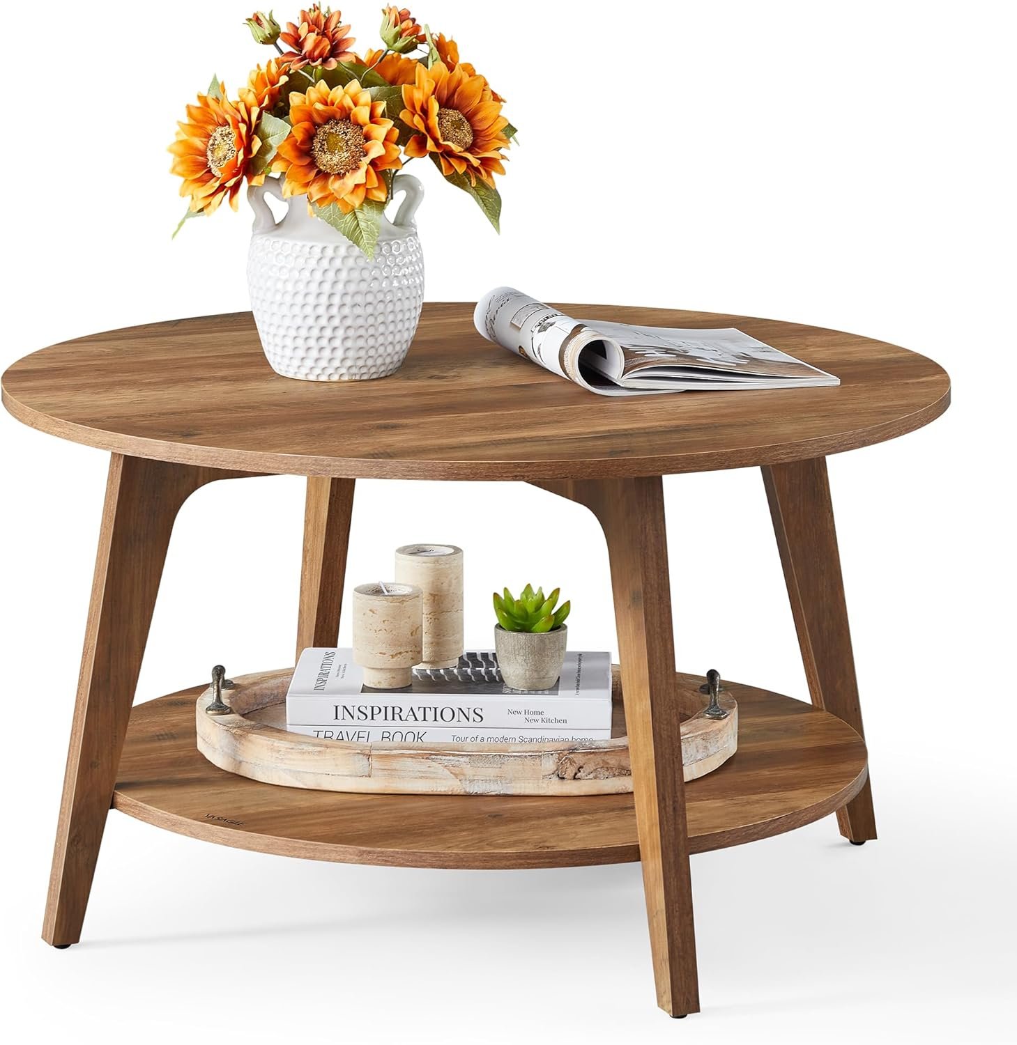 VASAGLE MAEZO Collection - Round Coffee Table, 2-Tier Center Table with Storage, Tapered Legs, Curved Transitions, 31.5 Dia. x 17.7 H Inches, Easy Assembly, for Living Room, Honey Brown ULCT243K41
