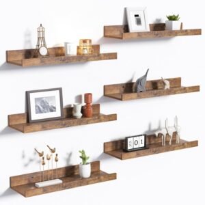 upsimples Floating Shelves for Wall, Wall Shelves for Decor Storage Set of 6, Wall Mounted Wood Shelf for Bedroom, Living Room, Bathroom, Kitchen, Picture Ledge Shelf, Brown